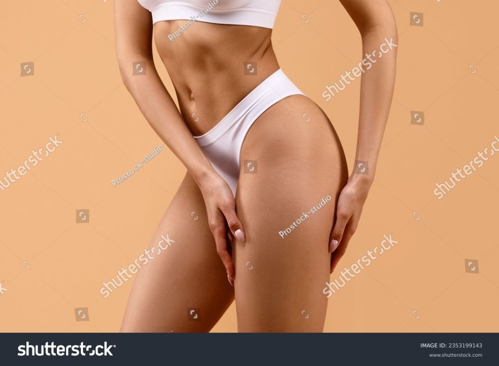 medcare vacances - stock photo skincare concept slim woman in white underwear with perfect ideal body shape touching soft skin on 2353199143